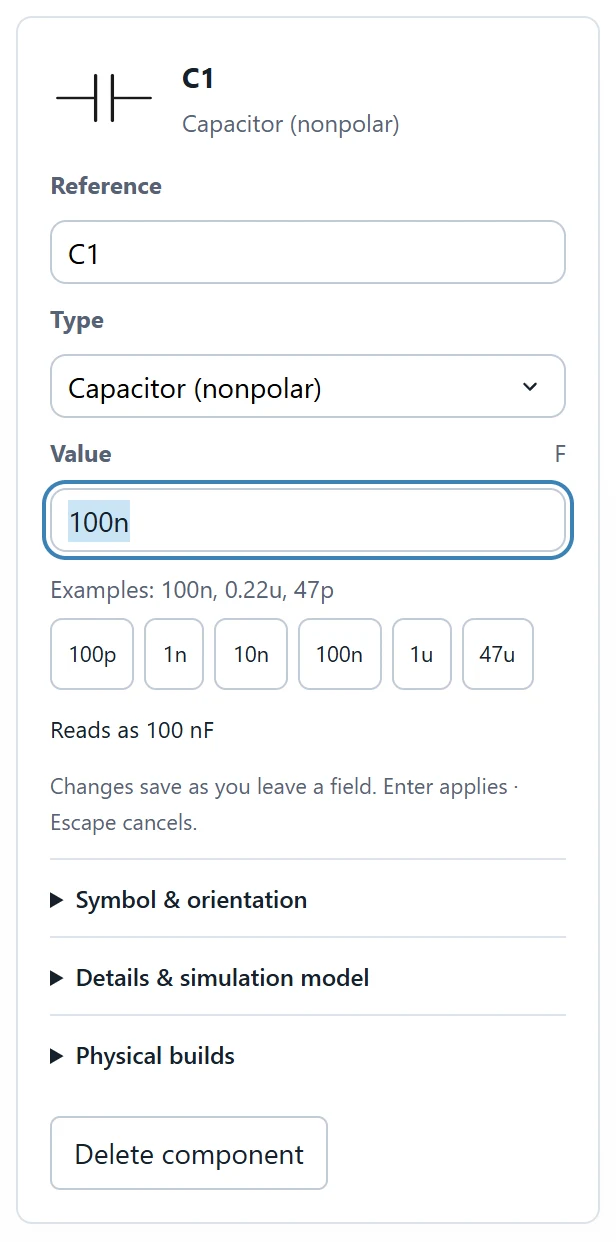 Set the input or filter capacitor C1 to the value shown; retain the intended terminal mapping.