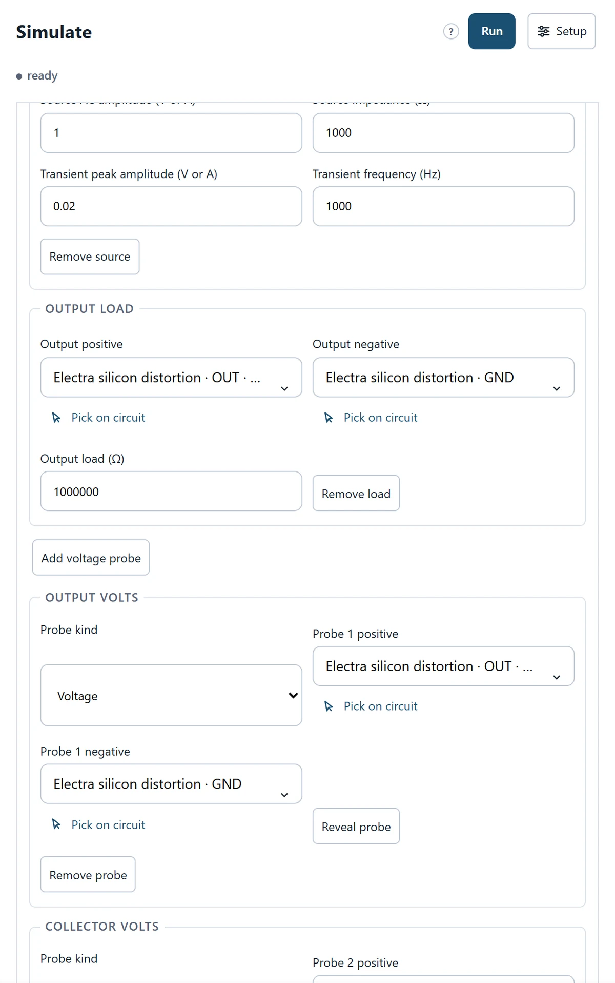 Source and load settings: retain the authored stimulus and the 1 MΩ output load.
