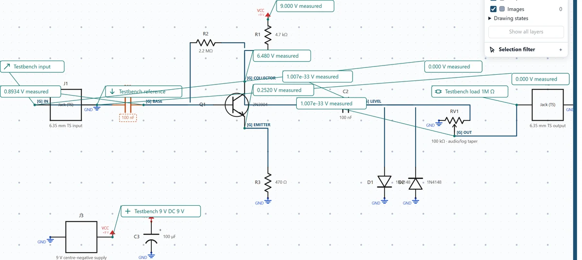The schematic voltage overlays identify the transistor collector corresponding to the measured table row.
