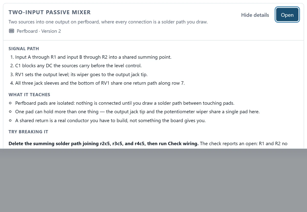 Choose Two-input passive mixer, version 2, then Open to make an account copy.