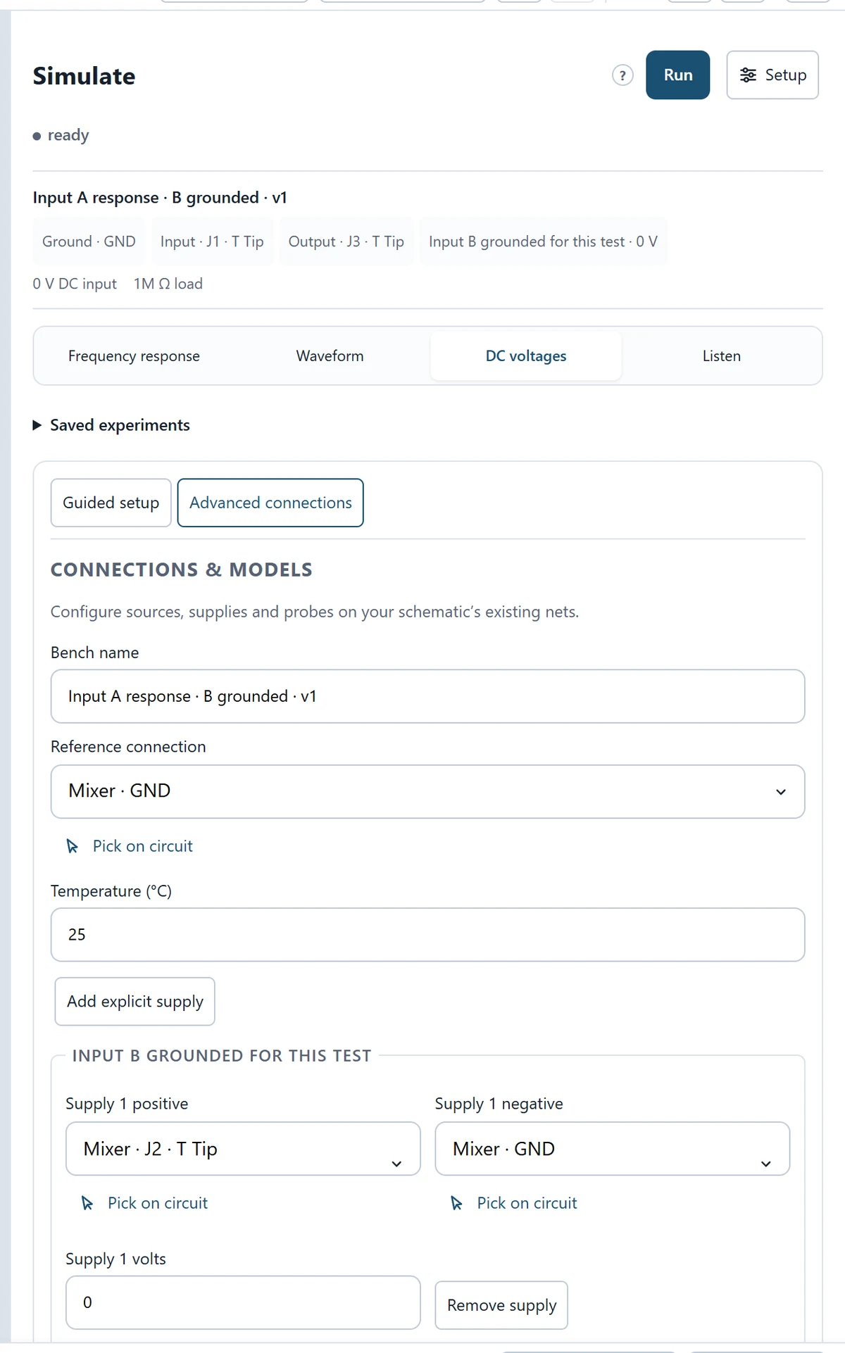 Configure the explicit testbench: reference, source, load, temperature and any supply/model choices.