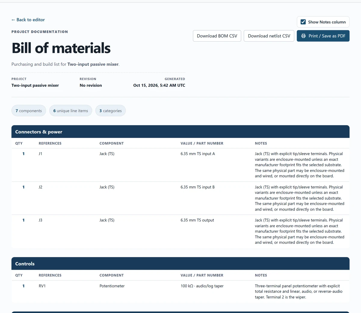 Open Bill of materials and download the project-derived parts list.
