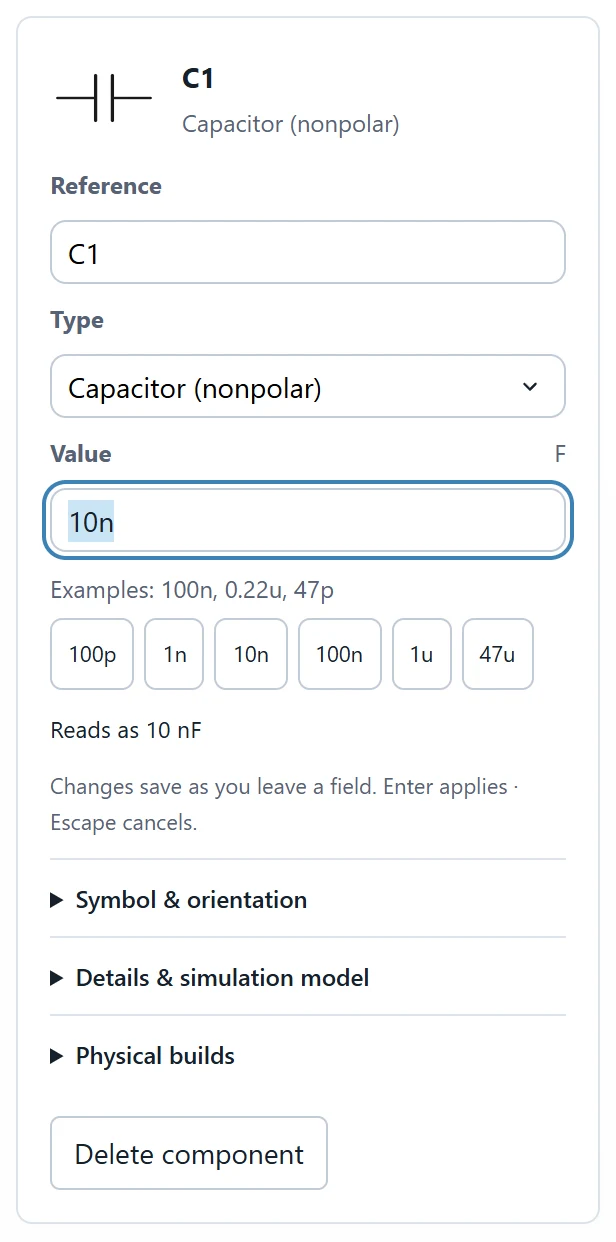 Set the input or filter capacitor C1 to the value shown; retain the intended terminal mapping.