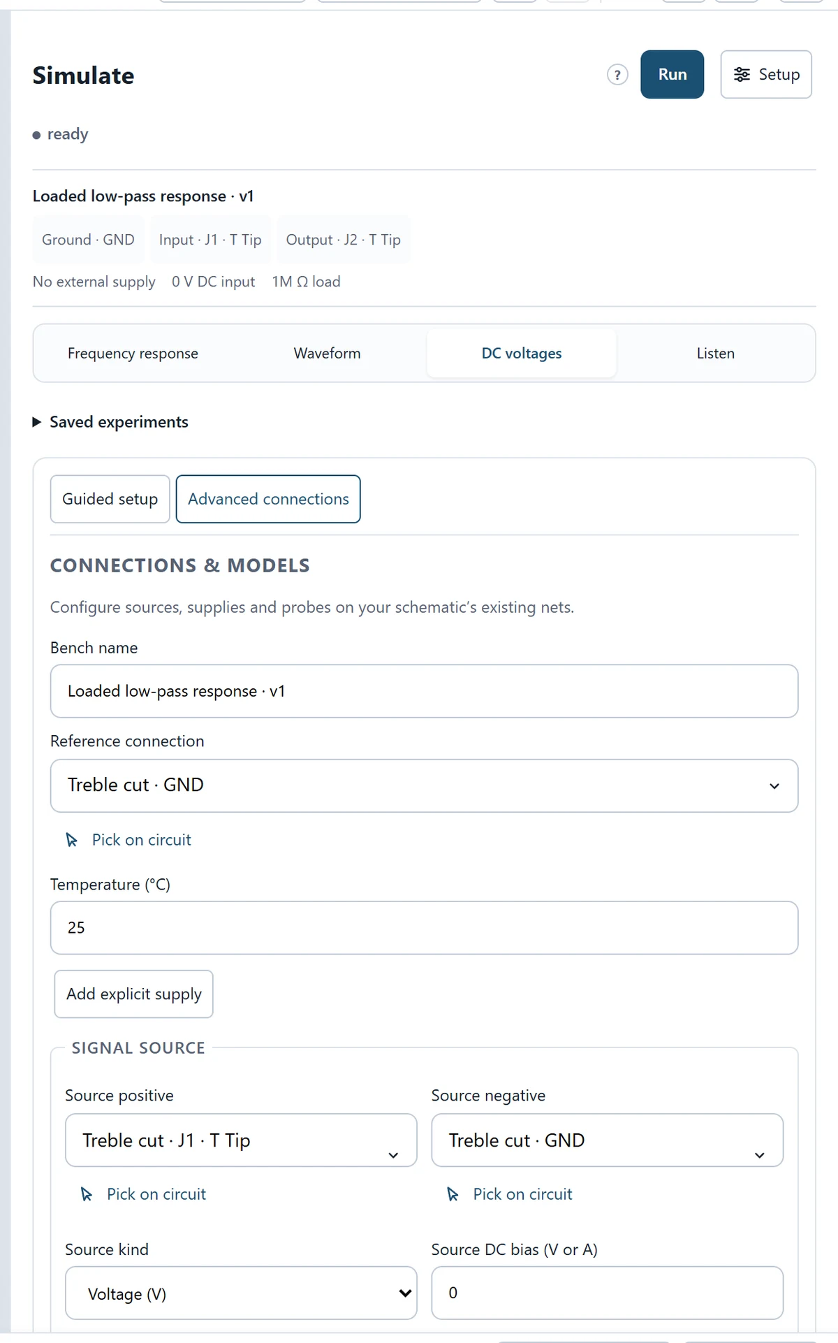 Configure the explicit testbench: reference, source, load, temperature and any supply/model choices.
