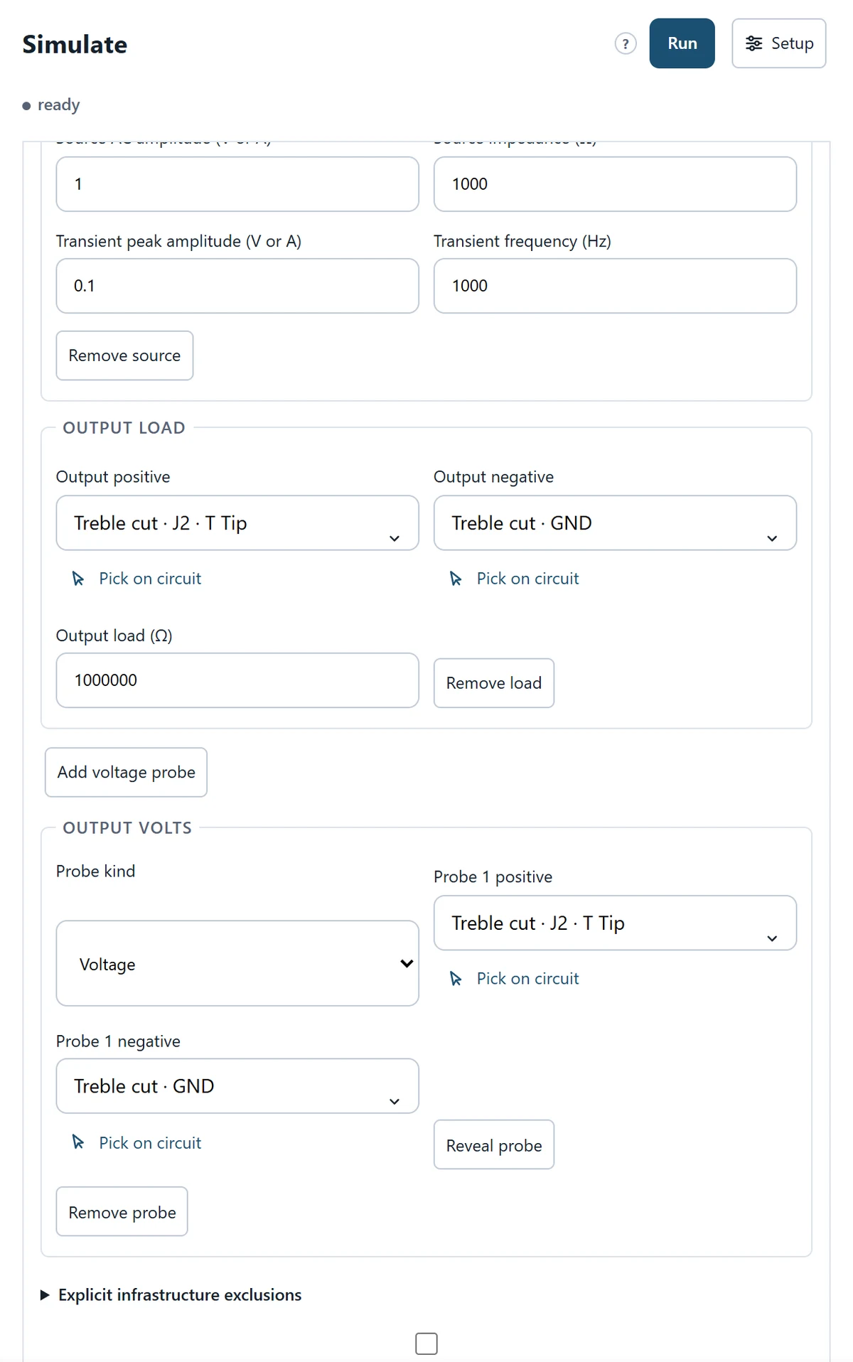 Source and load settings: retain the authored stimulus and the 1 MΩ output load.