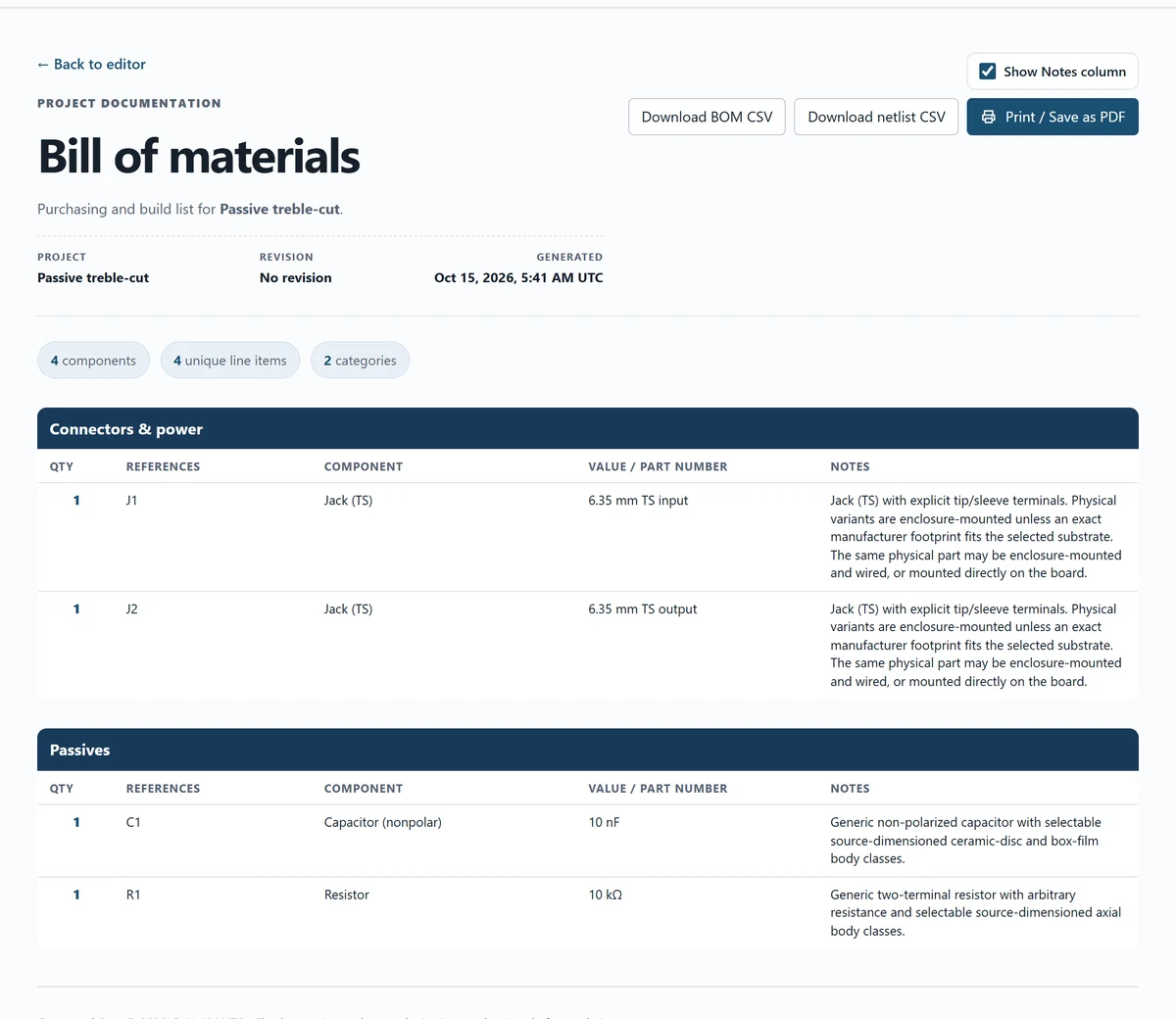 Open Bill of materials and download the project-derived parts list.