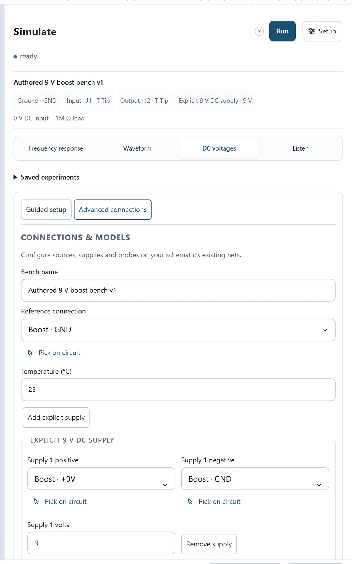 Configure the explicit testbench: reference, source, load, temperature and any supply/model choices.
