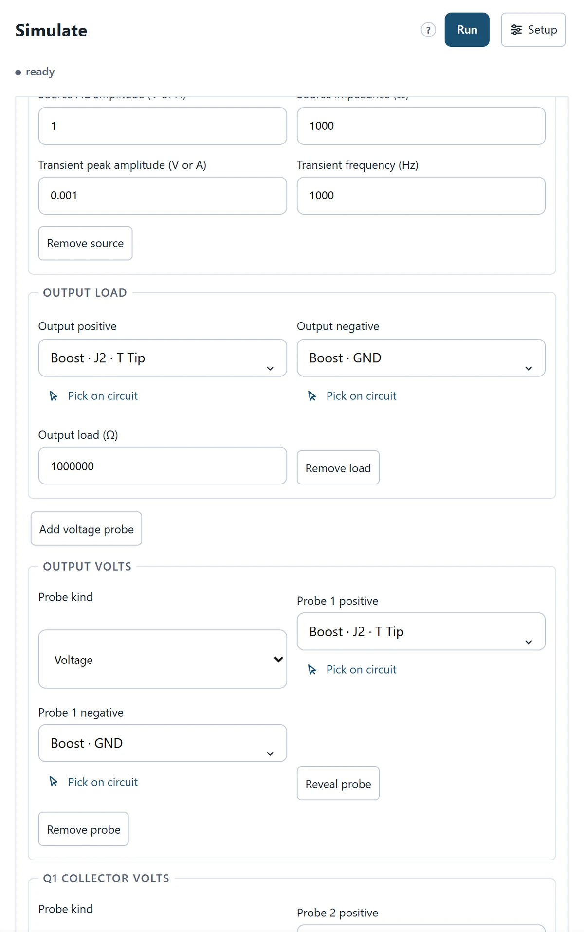 Source and load settings: retain the authored stimulus and the 1 MΩ output load.