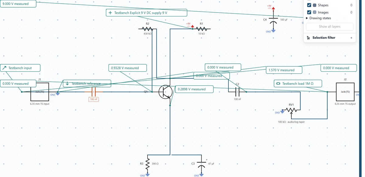 The schematic voltage overlays identify the transistor collector corresponding to the measured table row.