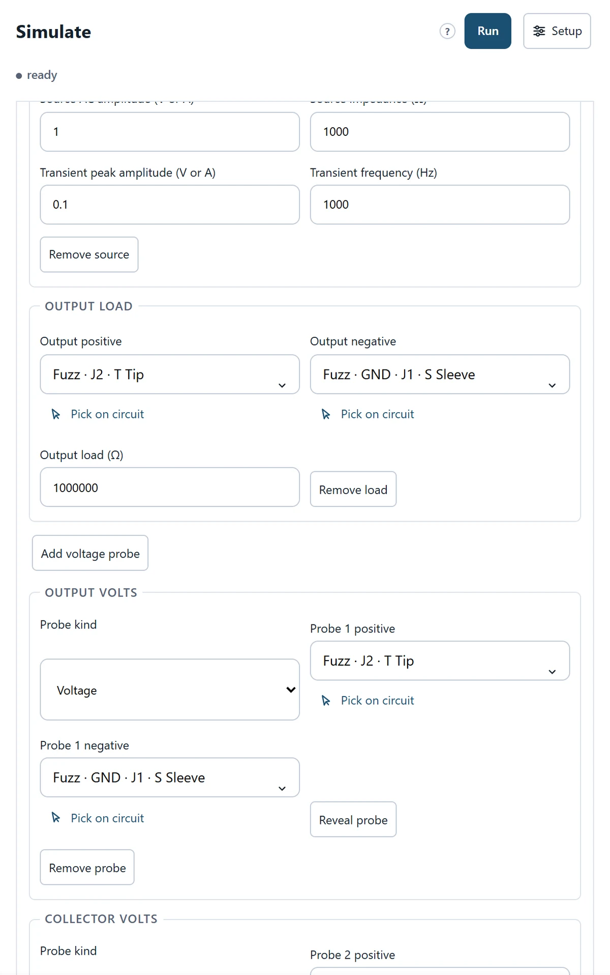 Source and load settings: retain the authored stimulus and the 1 MΩ output load.