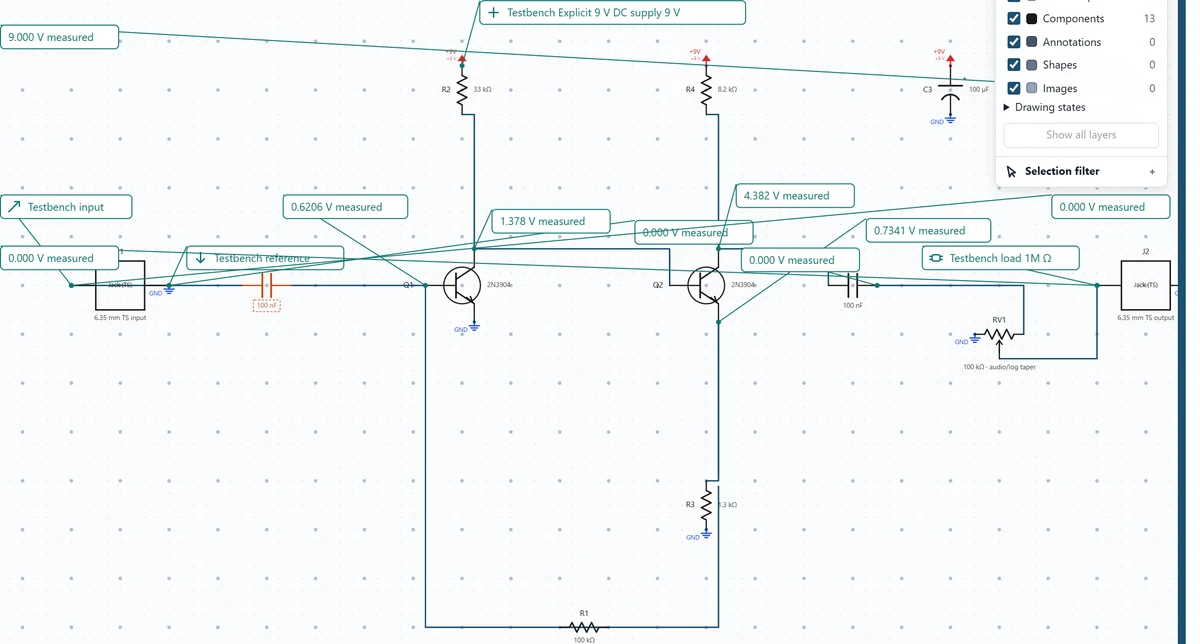 The schematic voltage overlays identify the transistor collector corresponding to the measured table row.